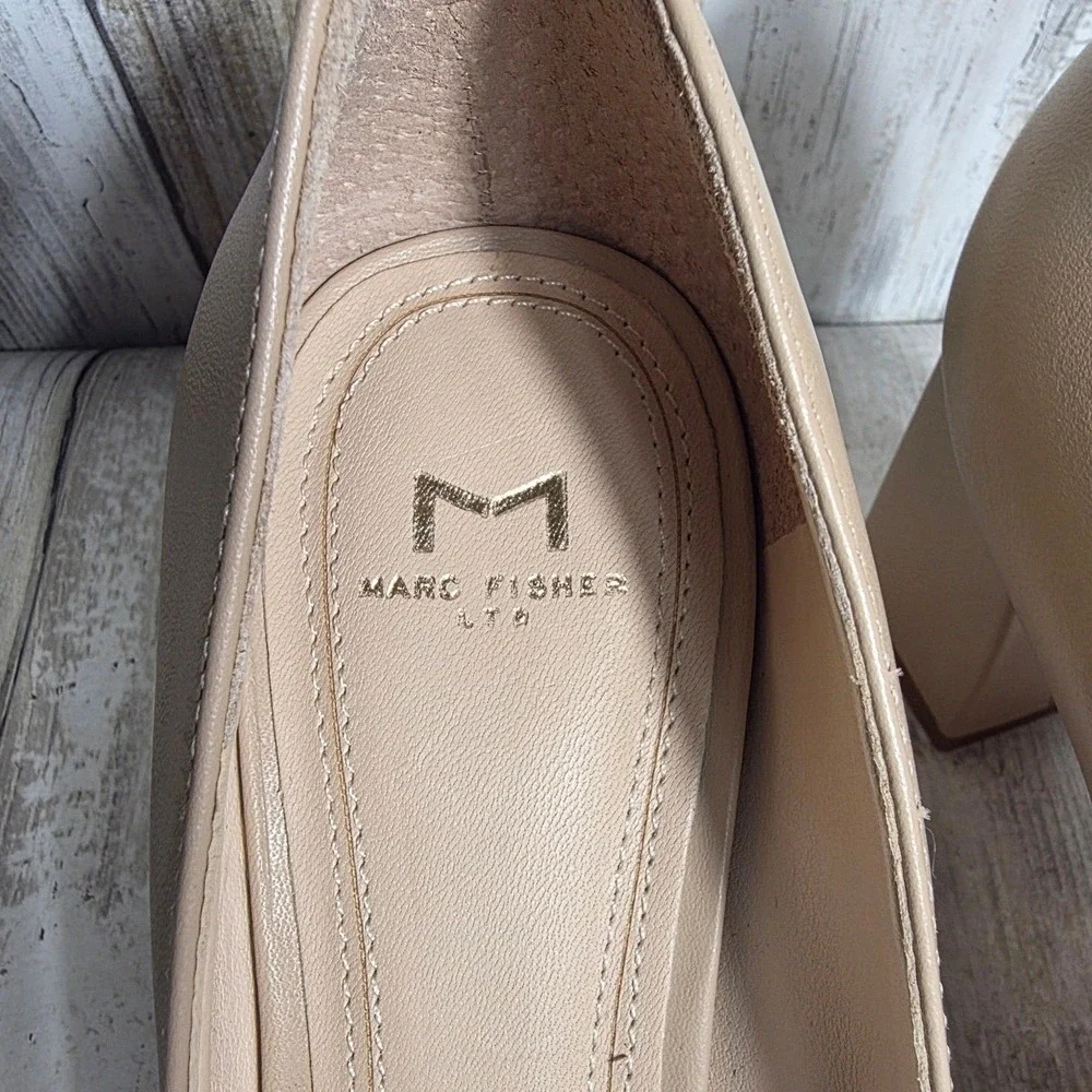 Marc Fisher LTD Zala Block Heel Pointed Toe Pumps Tan Beige Leather 5M